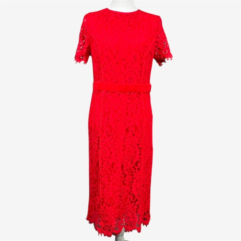 New York & Co lace dress red floral cap sleeves lined waistband detail size 14